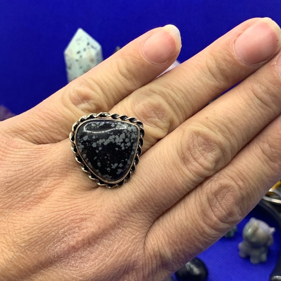 Comfort Curl ADJUSTABLE Beautiful Snowflake Obsidian Ring! .925 Sterling Overlay - Picture 11 of 16